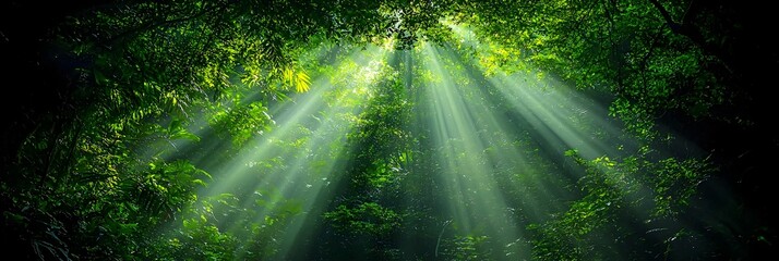 Aufkleber - Lush verdant rainforest canopy with sunlight delicately filtering through the dense vibrant leaves and foliage creating a serene peaceful natural scene