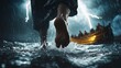 © vetrana - Close up of jesus  feet walking on water amidst a storm with lightning and rain, boat nearby