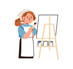 Poster - Happy girl painting on canvas. Creative school kid student holding brush, standing by easel in art class. Cute talented child artist drawing. Flat vector illustration isolated on white background