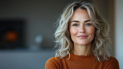 Realistic image of a 48-year-old woman exuding pride with a confident smile and lifted chin. Isolated on a clean background, highlighting self-assurance and accomplishment. Proud, Confident. High