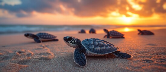 Wall Mural - Baby sea turtles making their way to the ocean at sunset.