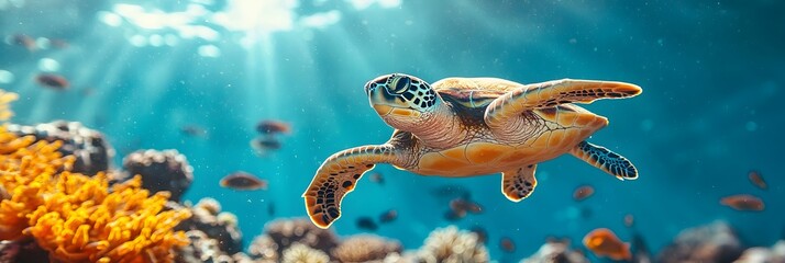 Aufkleber - Majestic Turtle Gracefully Gliding Through a Vibrant Underwater Coral Reef Filled with Colorful Marine Plants and Life