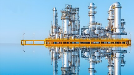 Poster - Mesmerizing reflection of towering industrial refinery structures mirrored on the still tranquil surface of a calm body of water creating a serene and ethereal landscape