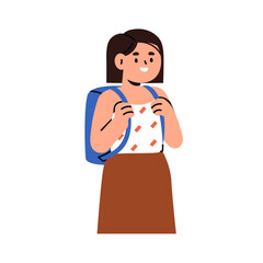 Poster - Happy school girl with backpack. Smiling kid student holding schoolbag straps. Cute child pupil standing with bag on back, ready to study, learn. Flat vector illustration isolated on white background