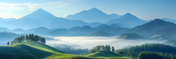 Poster - Misty mountain peaks rise into the clouds with silhouettes of trees lining the slopes in a tranquil atmospheric landscape  The moody ethereal scene evokes a sense of wilderness solitude