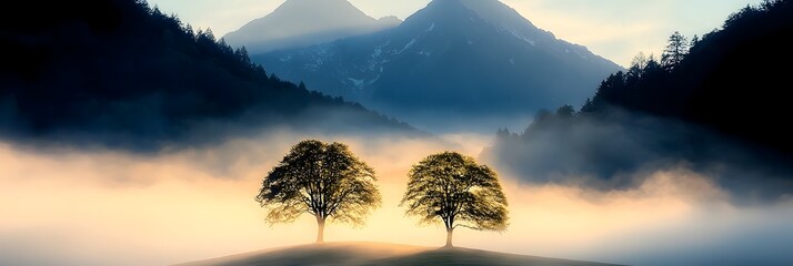 Poster - Mystical mist covered mountain peaks with silhouettes of trees along the slopes creating an eerie and captivating landscape  A serene and natural scene