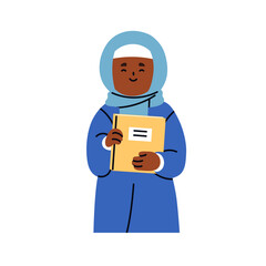 Aufkleber - Happy girl student in hijab holding book. Smiling Muslim school kid, wearing headscarf, standing with notebook, textbook. Cute Arab child. Flat vector illustration isolated on white background