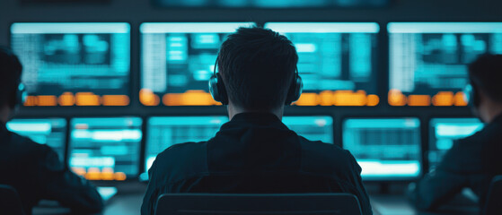 A person wearing headphones sits in front of multiple computer screens displaying data and graphics, emphasizing a high-tech monitoring environment.