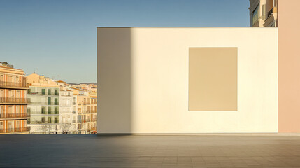 Urban architectural contrast of a modern minimalistic wall against historic city buildings at sunset