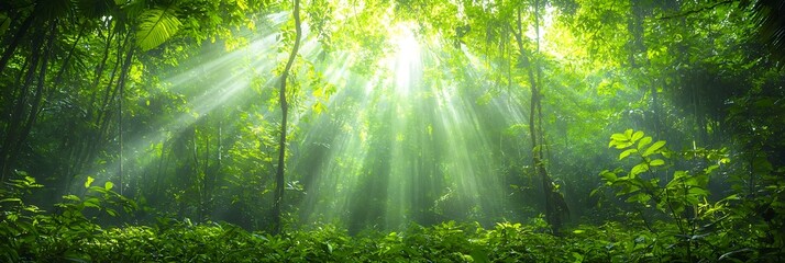 Aufkleber - Stunning view of a lush dense rainforest canopy with sunlight filtering through the abundant verdant leaves  A serene and peaceful natural landscape showcasing the beauty of the tropical environment