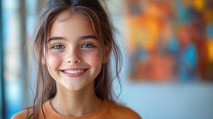 Realistic depiction of a 14-year-old girl showing joy, with a bright smile and lively eyes, isolated on a clean, vibrant background. Highlights happiness. High resolution Illustration, in the style