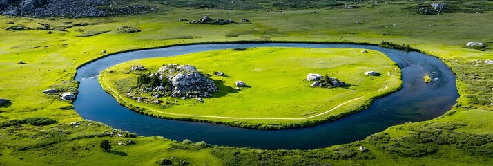Aufkleber - Winding crystal clear river flowing through a lush verdant valley landscape symbolizing purity and natural serenity  Scenic outdoor environment with mountains forests and untouched wilderness