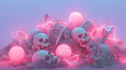 Poster - A captivating and haunting digital art piece showcasing a surreal pile of bones glowing in vibrant neon colors creating an eerie and mesmerizing visual effect