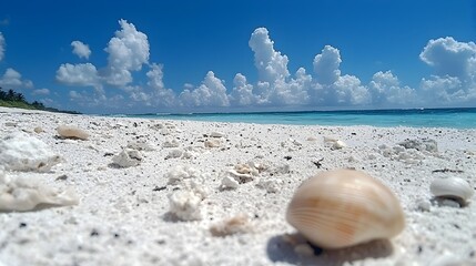 Poster - A serene and minimalist coastal landscape featuring a collection of rocks and shells on a sandy beach leading the viewer s eye towards a distant and calming horizon