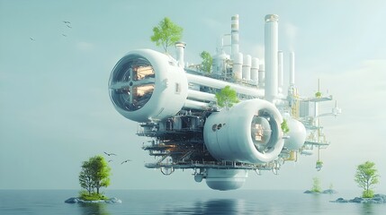 Aufkleber - A striking futuristic oil refinery design that seamlessly integrates advanced technology with natural elements creating a harmonious and eco friendly industrial landscape for the future