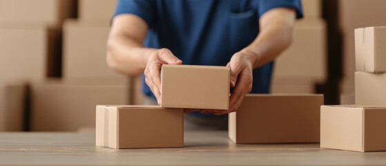 A person is stacking cardboard boxes on a table in a warehouse.