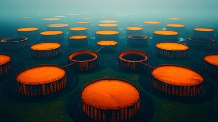 Poster - Aerial perspective showcasing the geometric arrangement of oil refinery storage tanks against the industrial skyline  The tanks are organized in a precise