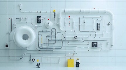 Aufkleber - Metallic pipes arranged in a musical notation pattern visualizing the harmony and interconnectedness of industrial machinery and production processes