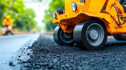 Poster - Asphalt Paver Machine Smoothing and Leveling a Fresh Layer of Road Surface with Precision and Efficiency for Construction and Infrastructure Projects