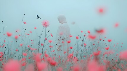 Poster - Blurred pink and white flowers in the foreground creating a soft dreamlike frame around a clear subject like a bird or statue in a serene nature scene  Peaceful natural and visually striking