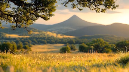 Poster - Blurred tree branches delicately framing a distant snow capped mountain peak creating a serene and minimalist landscape that inspires a sense of tranquility