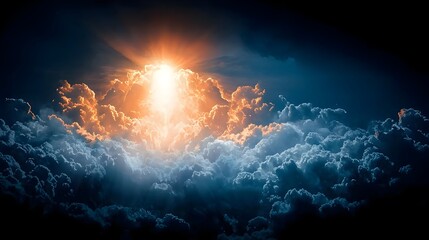 Poster - Breathtaking image of sunlight dramatically breaking through dark storm clouds representing the concept of forgiveness and renewal after a period of conflict or turmoil