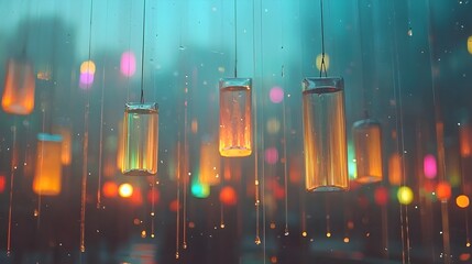 Leinwandbilder - Captivating abstract image showcasing the mesmerizing effect of flare through hanging glass prisms creating a vibrant display of rainbow like patterns and colors