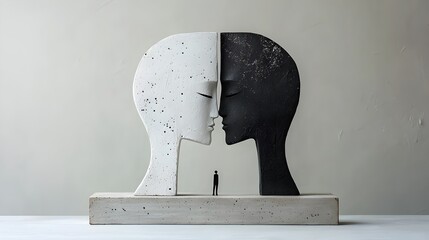 Poster - Captivating abstract sculpture with two faces merging into one playing with perspective and creating a visually striking and thought provoking piece of contemporary digital art