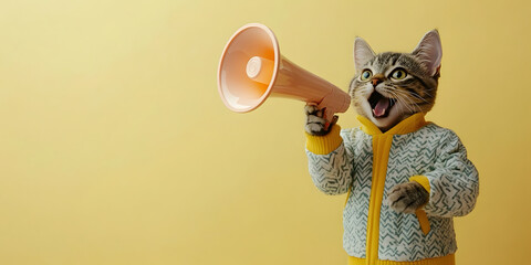 Wall Mural - A funny cat holding a megaphone and announcing with an isolated background