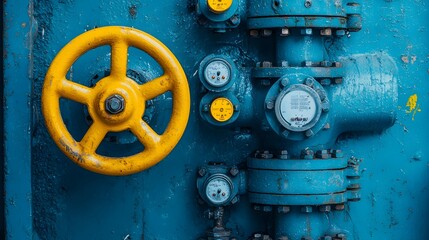 Poster - Closeup of an intricate layout of industrial valves and pipes crisscrossing in a complex system of metal tubing equipment and engineering infrastructure