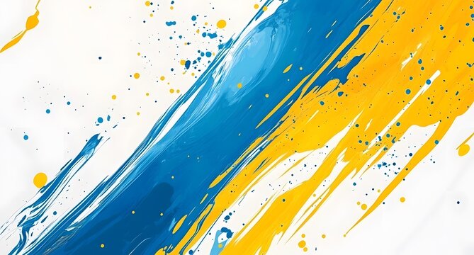 Blue and yellow background vector with abstract shapes, splashes of paint, and dynamic lines. Abstract background for presentation or poster design.