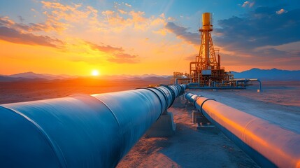 Poster - Converging pipelines forming a central hub representing the interconnected global energy infrastructure and the flow of resources power and utilities across the world