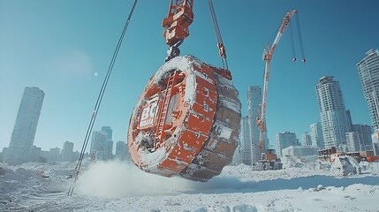 Poster - Crawler Crane s Hook Swinging Mid Motion Over an Active Construction Site Undergoing Infrastructure Development and Building Improvements