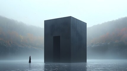 Aufkleber - Cube Shaped Waterfall with Water Flowing Upward Instead of Down Creating a Captivating and Surreal Landscape Design