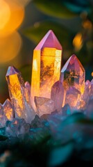 Poster - Glowing crystal cluster with warm light, close-up shot. Natural minerals and energy concept
