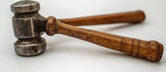 A close-up of a weathered metal hammer with a wooden handle isolated on a white background.