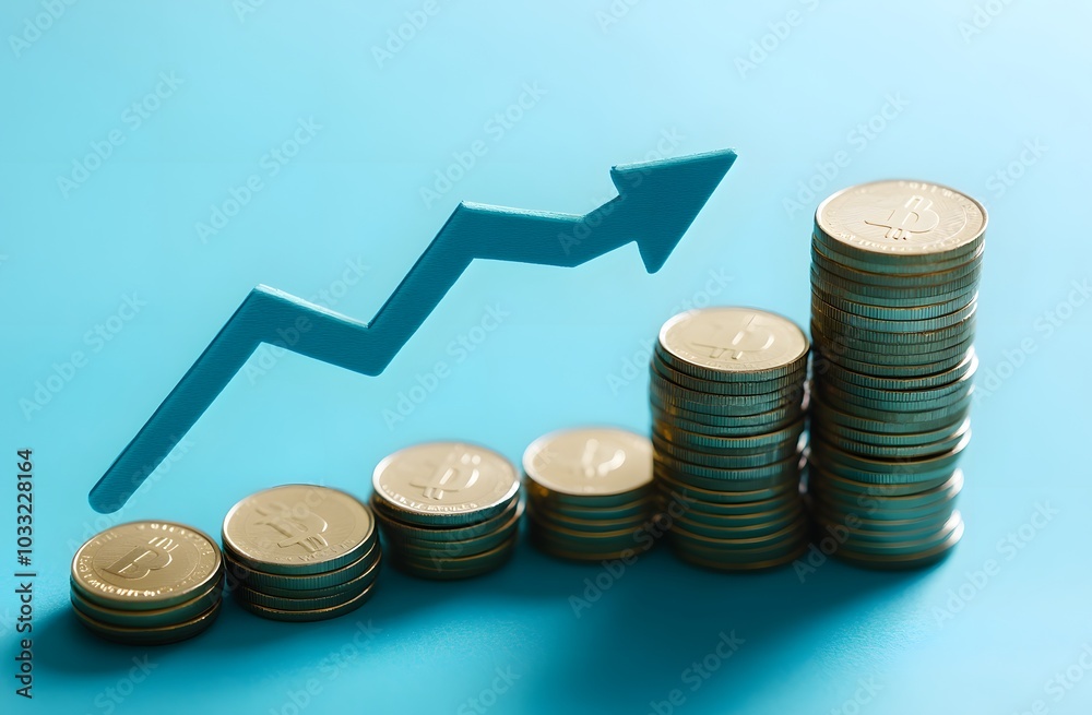 Blue background with an arrow pointing up and a stack of coins growing ...
