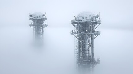 Poster - Ethereal fog envelops towering refinery structures creating a dreamlike fusion of industry and environment