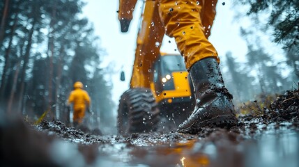 Poster - Excavator Tracks Embedded in Weathered Soil at Remote Construction Site Heavy Industrial Equipment Looming Overhead in Desolate Landscape