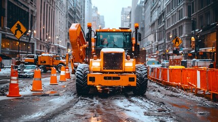 Aufkleber - Flatbed truck carrying large industrial machinery equipment and tools framed by orange construction barriers at a busy job site  The truck is loaded with heavy duty machinery needed for roadwork
