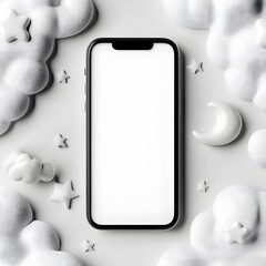 Dreamy Smartphone Mockup:Blank screen surrounded by clouds, stars, and moon. Perfect for app presentations or sleep-related designs.  