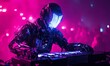 © jambulart - Robot DJ plays keyboard in pink light.