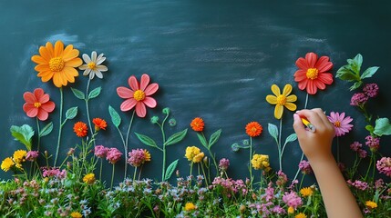 Poster - Hand of girl drawing beautiful flowers on a green chalkboard with chalk Leaves space for a personalized Teachers Day greeting capturing a heartfelt moment in the classroom