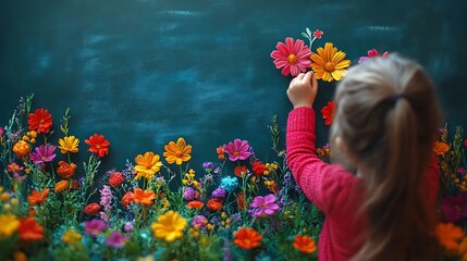Poster - Hand of girl drawing beautiful flowers on a green chalkboard with chalk Leaves space for a personalized Teachers Day greeting capturing a heartfelt moment in the classroom