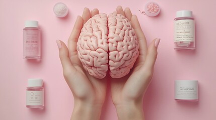 Poster - Hands gracefully cradling detailed brain on a pastel pink background symbolizing mental health and awareness The clean composition offers space for text making it ideal for a Health Day campaign