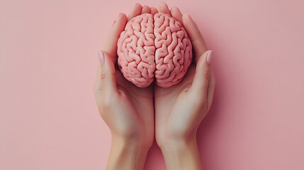 Poster - Hands gracefully cradling detailed brain on a pastel pink background symbolizing mental health and awareness The clean composition offers space for text making it ideal for a Health Day campaign