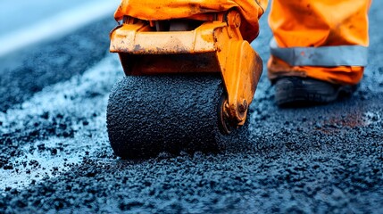 Poster - Heavy Road Roller Equipment Compacting and Pressing Hot Asphalt Pavement on Unfinished Highway Construction Site for Infrastructure Development and Modernization
