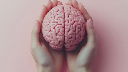 Poster - Hands gracefully cradling detailed brain on a pastel pink background symbolizing mental health and awareness The clean composition offers space for text making it ideal for a Health Day campaign