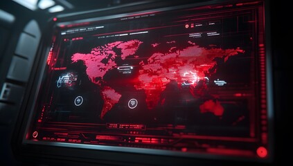 Poster - Cinematic shot of a futuristic screen with a digital world map, a hologram interface in the center, in red and black colors,