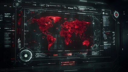 Poster - Cinematic shot of a futuristic screen with a digital world map, a hologram interface in the center, in red and black colors,
